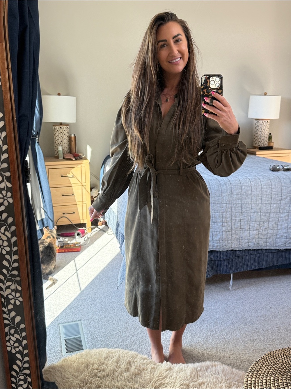 Nordstrom Olive Midi Shirt Dress with Tie Waist